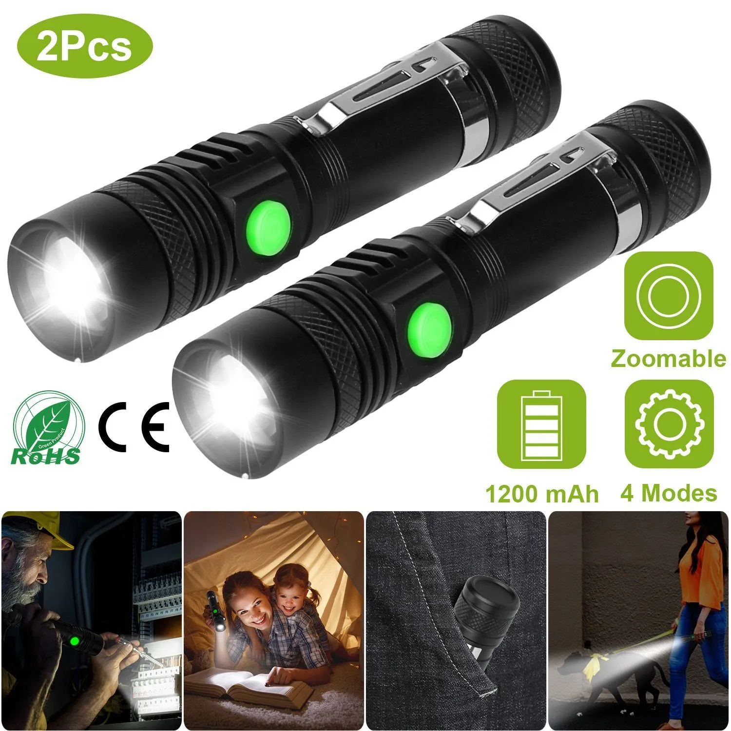2-Piece: LED Handheld Flashlight Zoomable USB Rechargable
