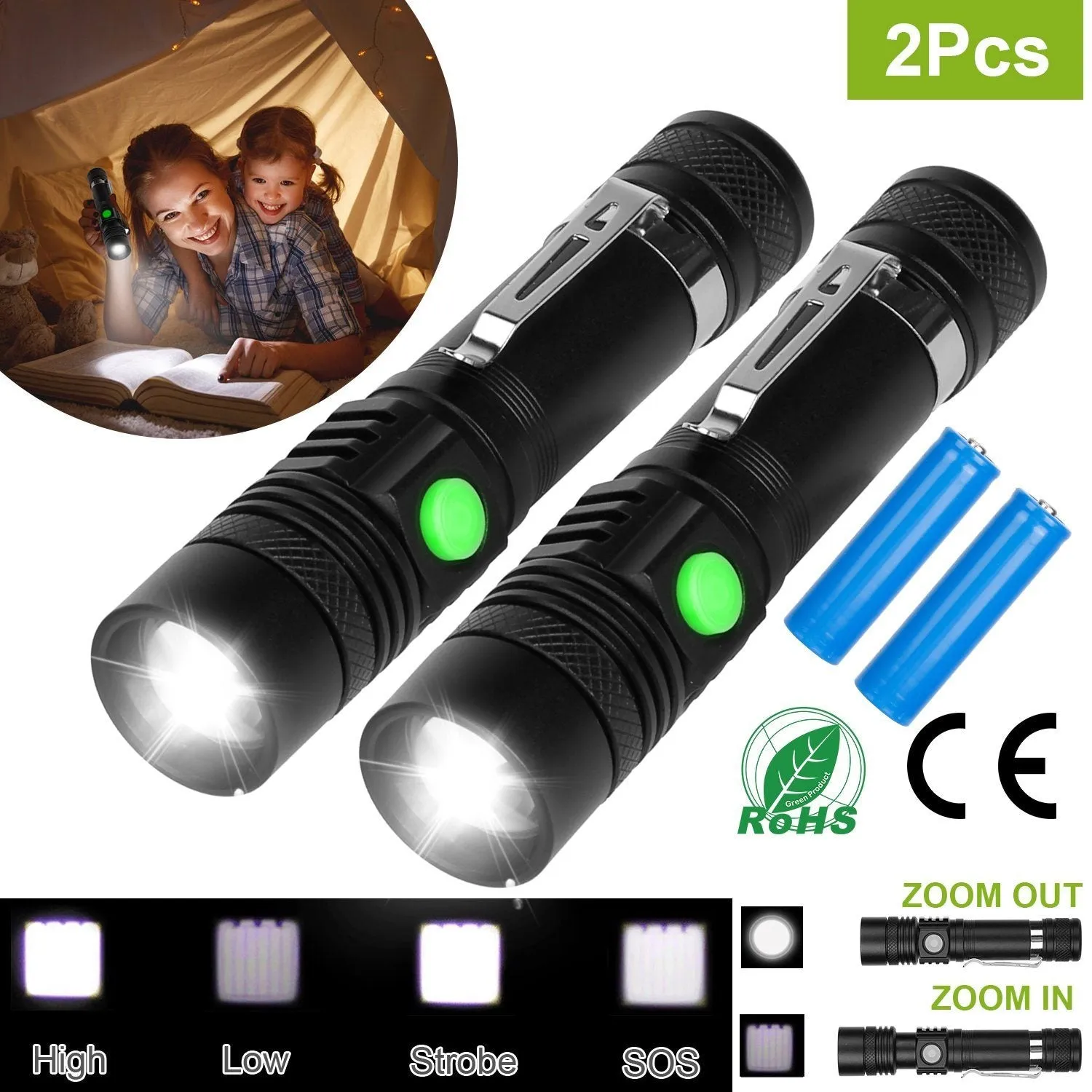 2-Piece: LED Handheld Flashlight Zoomable USB Rechargable