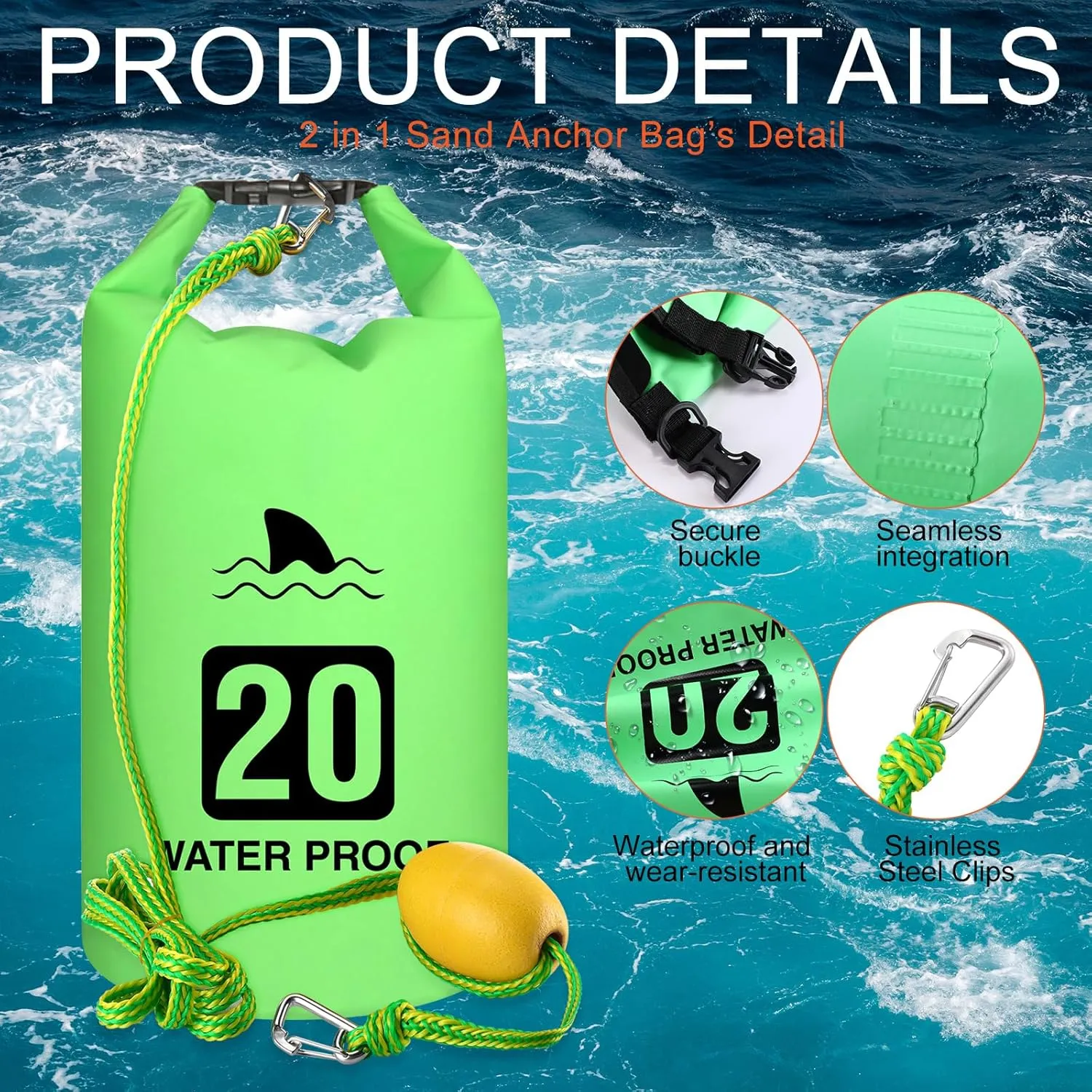 2 Set 20L Sand Anchor Heavy Duty Buoy Kit 2 in 1 Kayak Anchor Floating Waterproof Dry Bag with High Visibility Float Rope for Lake Beach Boat Hiking Camping Water Sports Surfing Kayaking(Green)