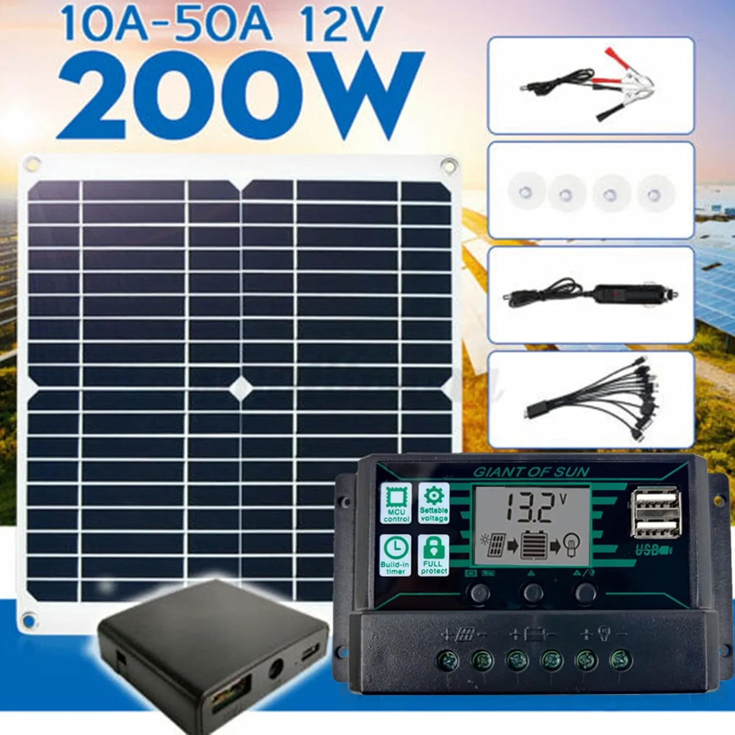 200W 12V Monocrystalline Solar Panel Energy Solar Panel Kit with Controller for Camping Hiking, Mountaineering, Cycling (10A)