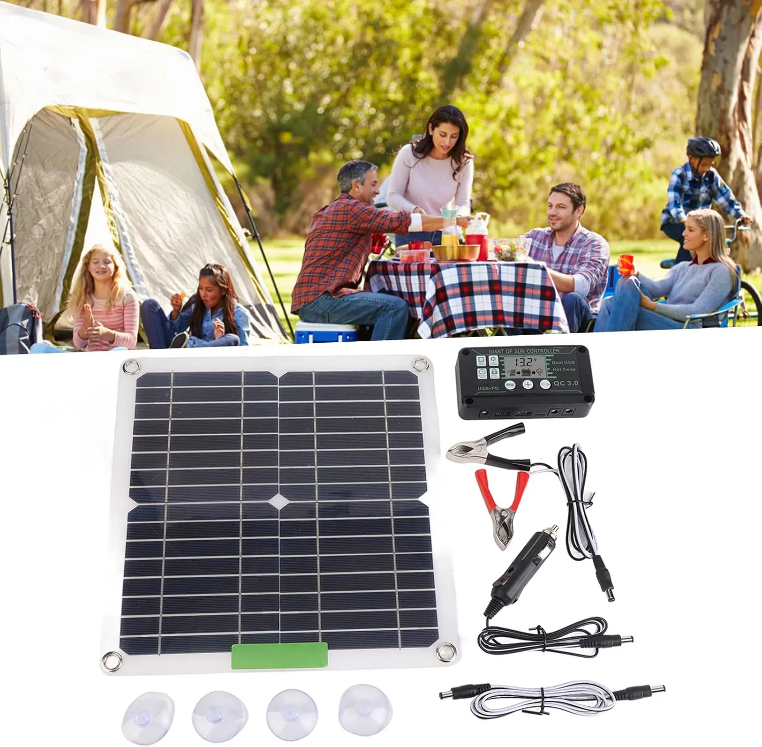 200w 12v Portable Solar Panel Kit Monocrystalline Solar Panel Controller Cycling Mountaineering Hiking Camping (10A)