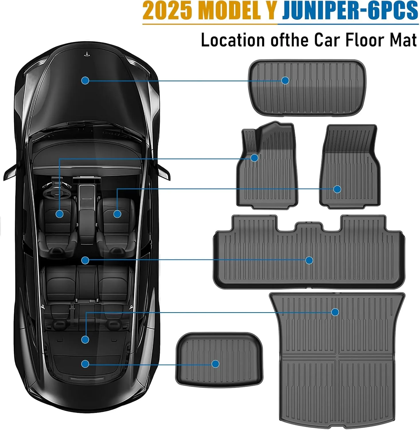 2025-2026 New Version Tesla Model Y Juniper Floor Mats Custom Fit All Weather TPE Cargo Liner Cargo Trunk Accessories (2025 Model Y Juniper Full Floor Mat Kit Set of 6)