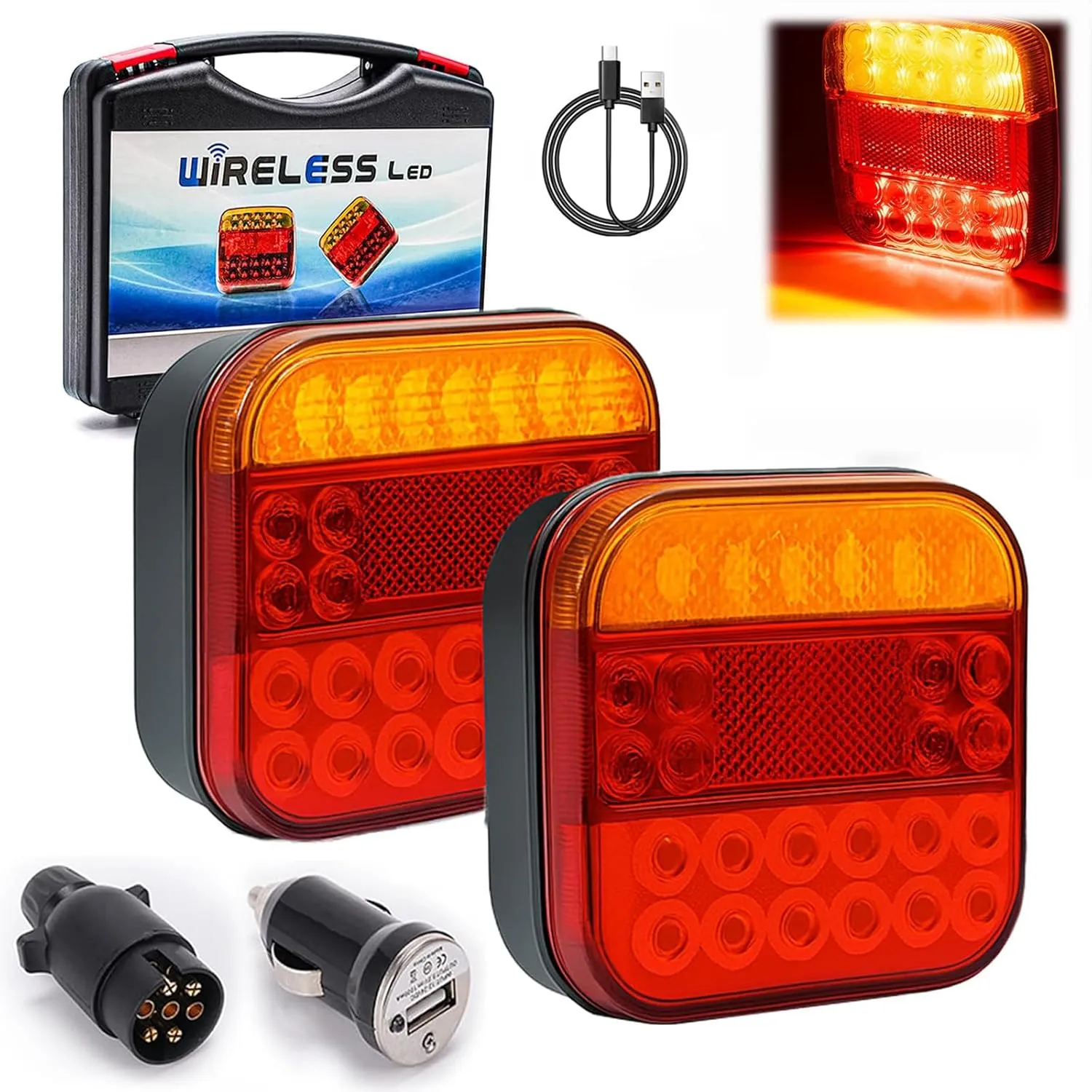 2025 Wireless Trailer Lights Kit, Magnetic Wireless Tail Lights Kit For Trailer, Wireless Tail Lights,Rechargeable Towing Light Kit With Powerful Suction Base For Trucks, Boat, Rv, Vehicle (1Set)