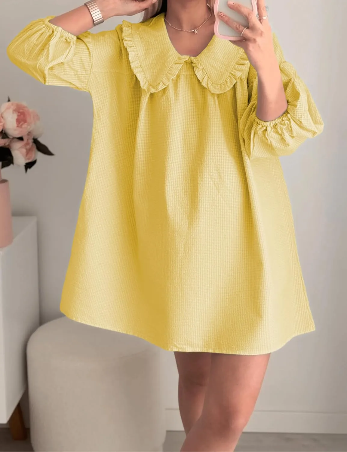 2025 Women's Babydoll 3/4 Puff Sleeve Plaid Mini Dress Lapel Doll Collar Loose Babydoll Dress for Women