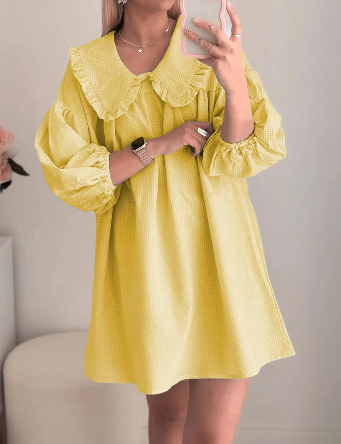 2025 Women's Babydoll 3/4 Puff Sleeve Plaid Mini Dress Lapel Doll Collar Loose Babydoll Dress for Women