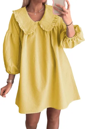 2025 Women's Babydoll 3/4 Puff Sleeve Plaid Mini Dress Lapel Doll Collar Loose Babydoll Dress for Women