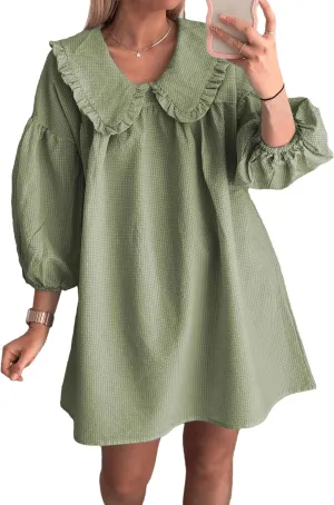 2025 Women's Babydoll 3/4 Puff Sleeve Plaid Mini Dress Lapel Doll Collar Loose Babydoll Dress for Women