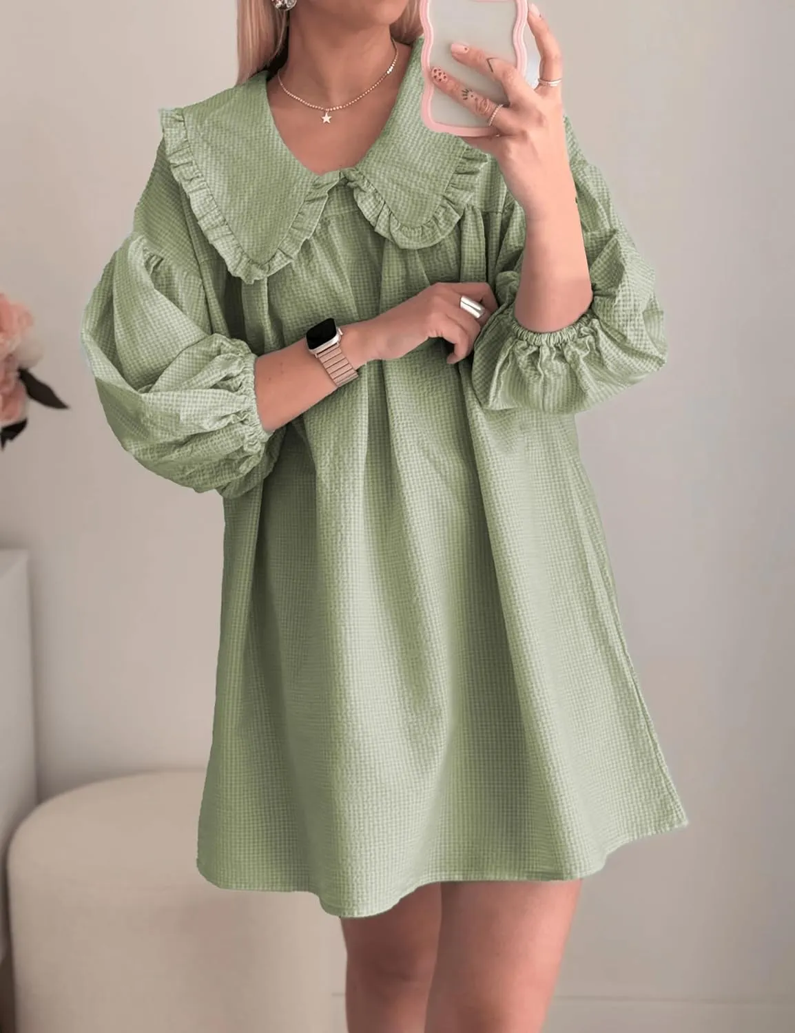 2025 Women's Babydoll 3/4 Puff Sleeve Plaid Mini Dress Lapel Doll Collar Loose Babydoll Dress for Women