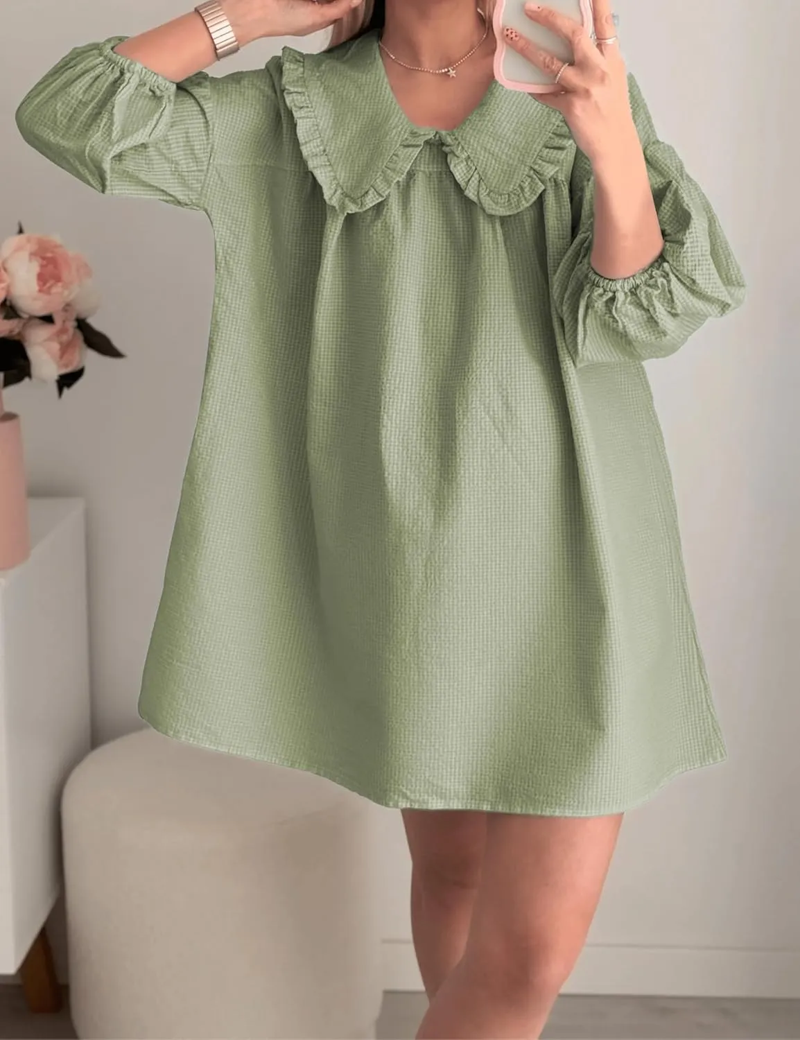 2025 Women's Babydoll 3/4 Puff Sleeve Plaid Mini Dress Lapel Doll Collar Loose Babydoll Dress for Women