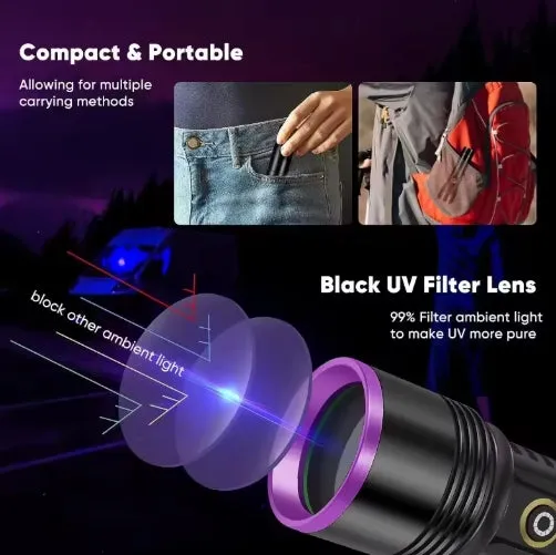 20W High Power 4-Core 365NM UV Black Mirror Flashlight With 3000mah 26650 battery Waterproof Endurance up to 10 hours  Supports Cell Phone Chargers