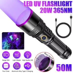 20W High Power 4-Core 365NM UV Black Mirror Flashlight With 3000mah 26650 battery Waterproof Endurance up to 10 hours  Supports Cell Phone Chargers