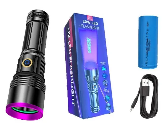 20W High Power 4-Core 365NM UV Black Mirror Flashlight With 3000mah 26650 battery Waterproof Endurance up to 10 hours  Supports Cell Phone Chargers