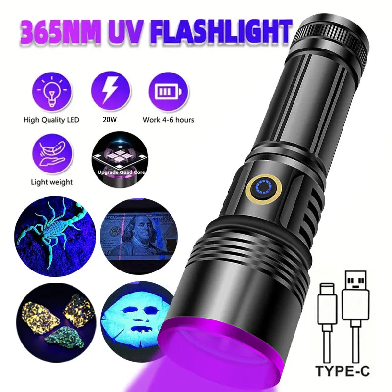 20W High Power 4-Core 365NM UV Black Mirror Flashlight With 3000mah 26650 battery Waterproof Endurance up to 10 hours  Supports Cell Phone Chargers