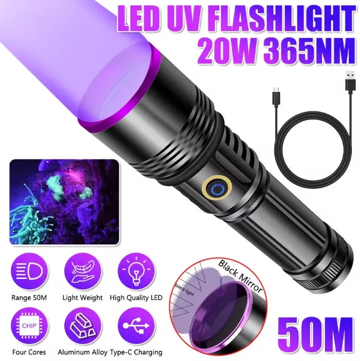 20W High Power 4-Core 365NM UV Black Mirror Flashlight With 3000mah 26650 battery Waterproof Endurance up to 10 hours  Supports Cell Phone Chargers