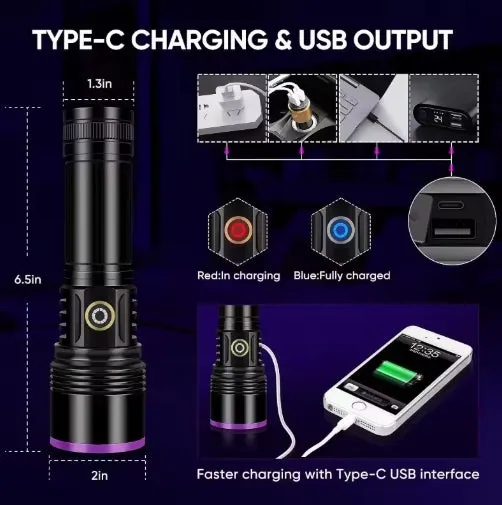 20W High Power 4-Core 365NM UV Black Mirror Flashlight With 3000mah 26650 battery Waterproof Endurance up to 10 hours  Supports Cell Phone Chargers