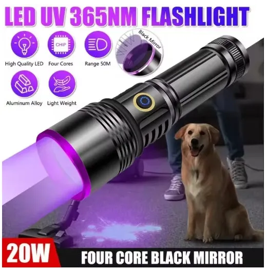 20W High Power 4-Core 365NM UV Black Mirror Flashlight With 3000mah 26650 battery Waterproof Endurance up to 10 hours  Supports Cell Phone Chargers