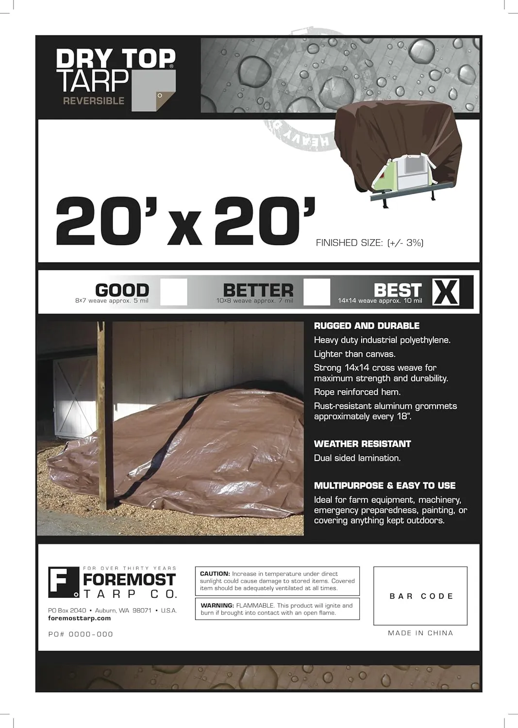 20X20 Multi-Purpose Silver/Brown Heavy Duty DRY TOP Poly Tarp (20'x20')
