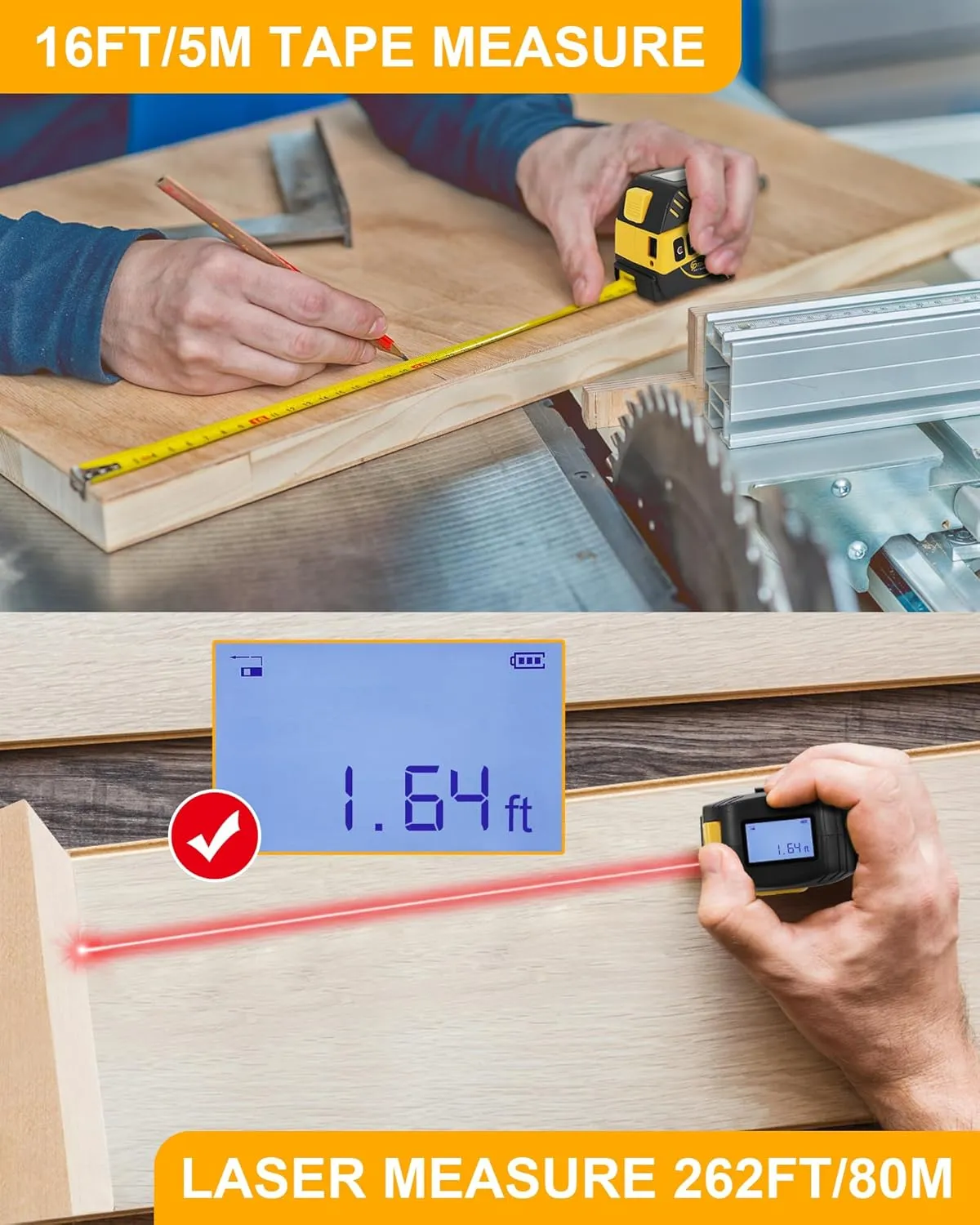 262Ft/80M Laser Tape Measure 2-in-1, 16Ft/5M Tape Measure with Auto-Lock, Laser Measuring Tape with with M/in/Ft/Ft in, LCD Display Pythagorean, Area, Volume for Construction DIY Woodworker