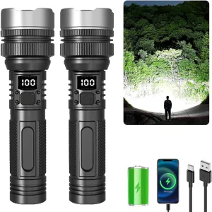 2Pcs 2025 The Ultimate Survival Flashlight,USB-C Rechargeable LED Flashlights,IPX7 Waterproof Zoomable Torch with 3 Modes,LCD Display & Mini Design,for Hiking Camping Home Emergencies