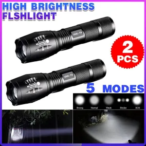 2PCS 800LM Tactical LED Flashlight Zoom Torch with 5 Modes Waterproof Outdoor Use