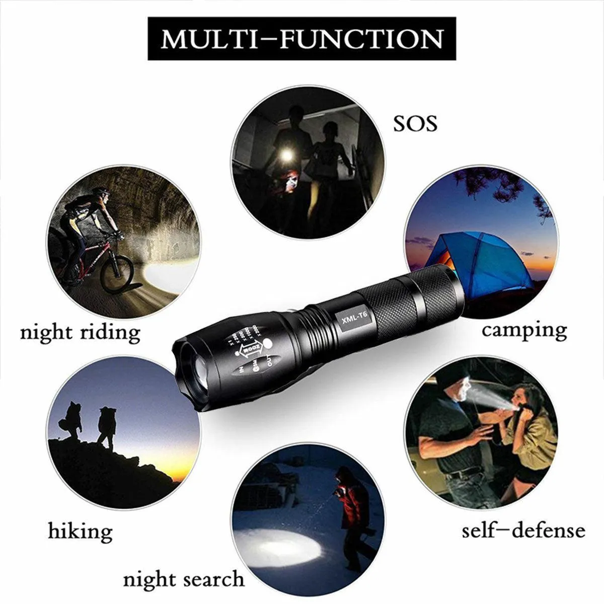 2PCS 800LM Tactical LED Flashlight Zoom Torch with 5 Modes Waterproof Outdoor Use
