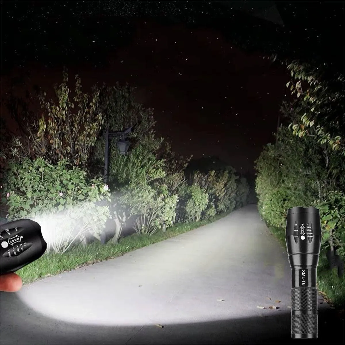2PCS 800LM Tactical LED Flashlight Zoom Torch with 5 Modes Waterproof Outdoor Use