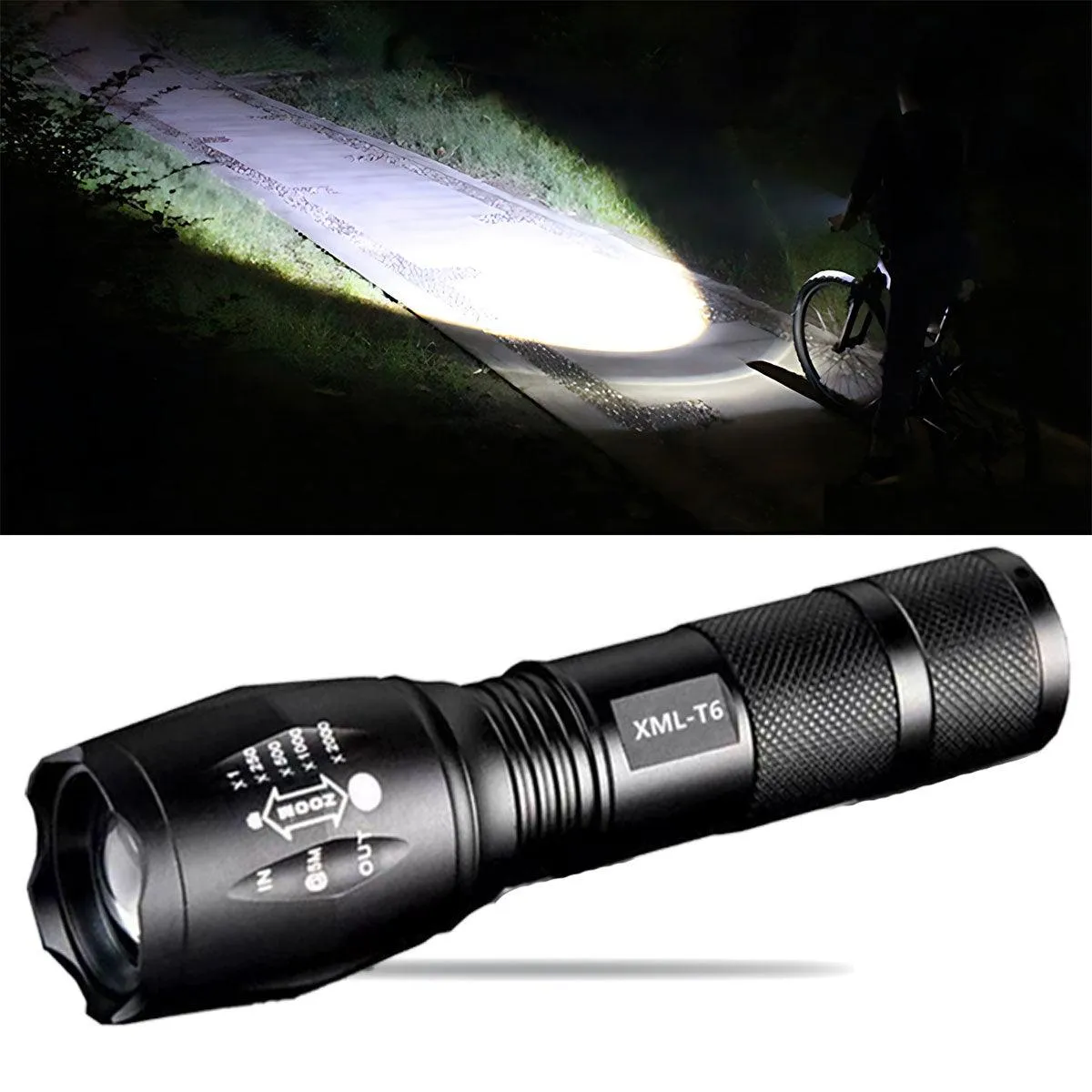 2PCS 800LM Tactical LED Flashlight Zoom Torch with 5 Modes Waterproof Outdoor Use