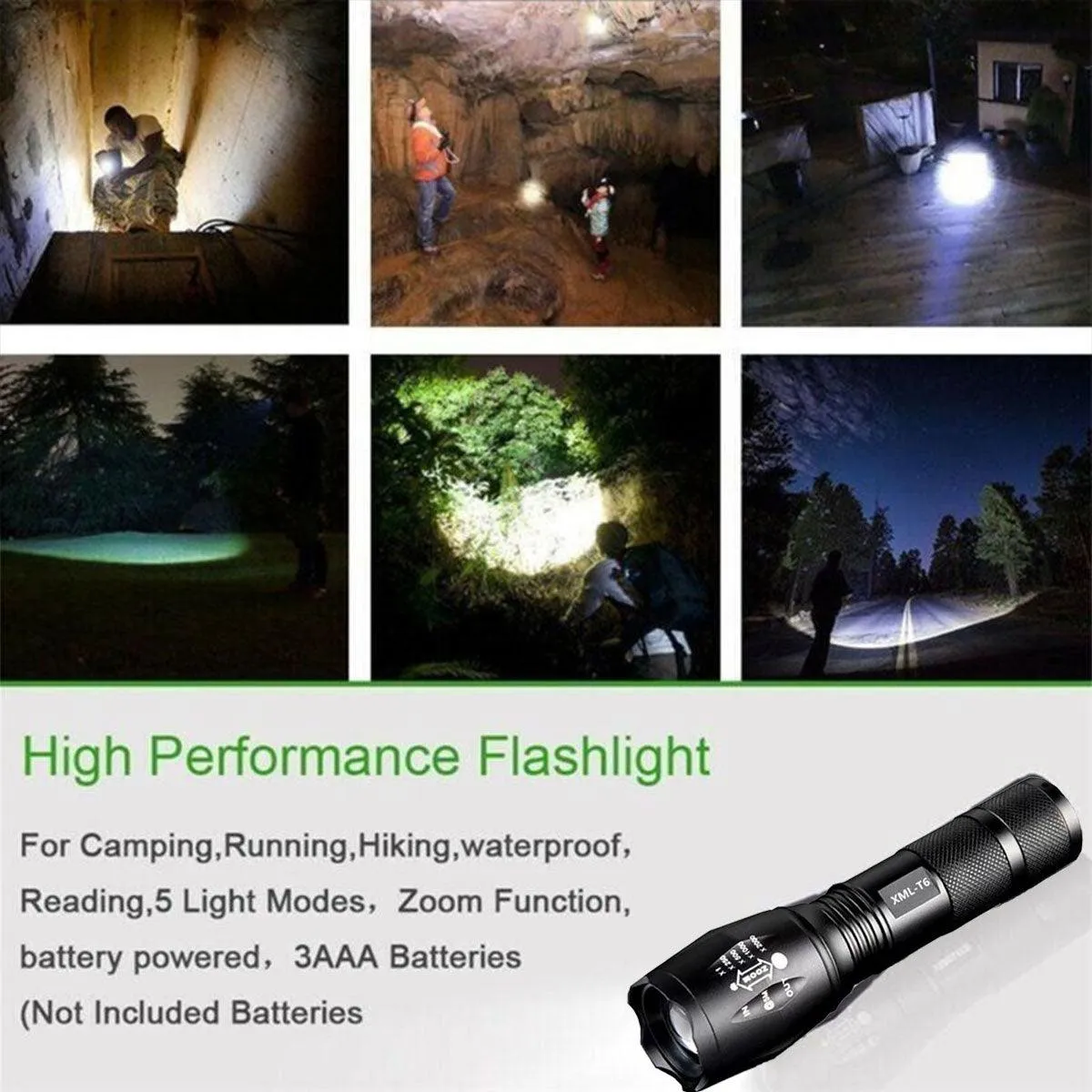 2PCS 800LM Tactical LED Flashlight Zoom Torch with 5 Modes Waterproof Outdoor Use