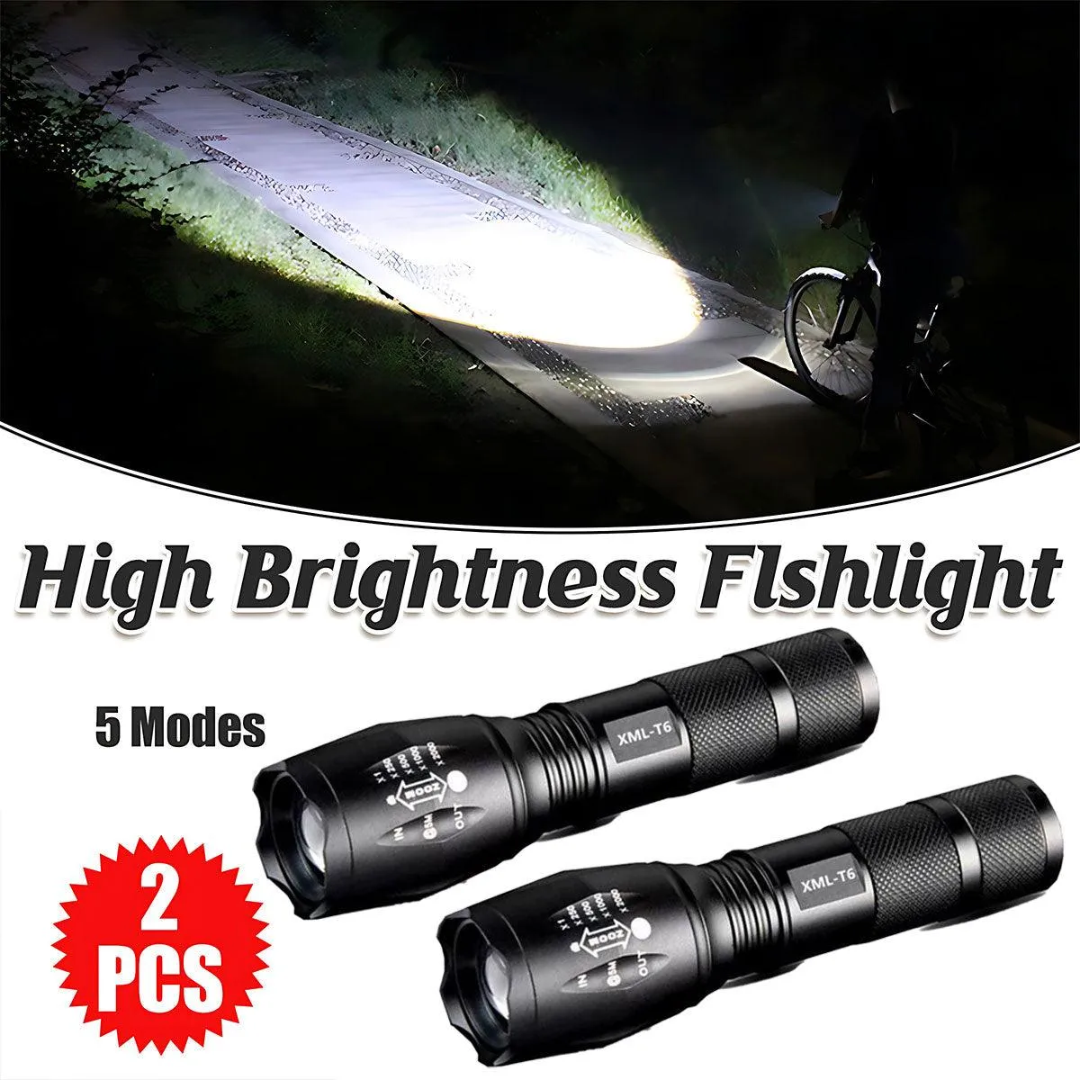2PCS 800LM Tactical LED Flashlight Zoom Torch with 5 Modes Waterproof Outdoor Use