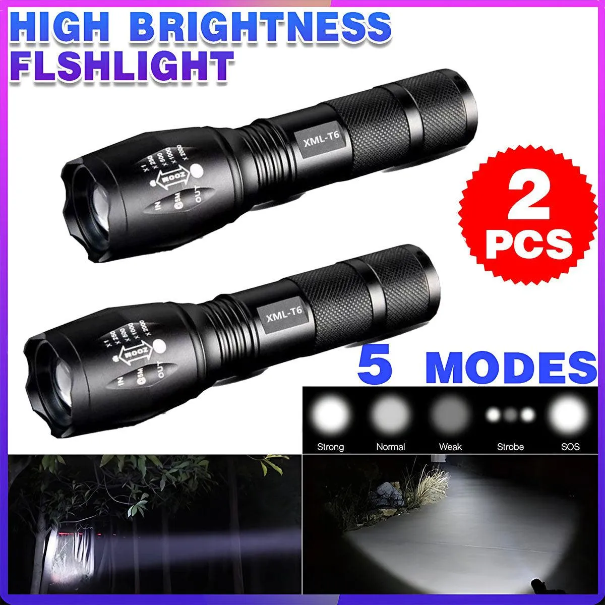 2PCS 800LM Tactical LED Flashlight Zoom Torch with 5 Modes Waterproof Outdoor Use