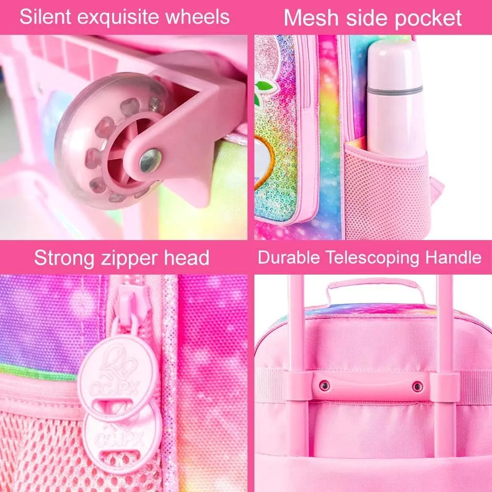 2Pcs Girls Suitcase Set, Kids Carry on Rolling Luggage with Wheels, Unicorn Sequin Travel Suitcases with Toddler Backpack(Pink)