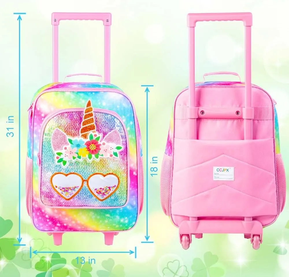 2Pcs Girls Suitcase Set, Kids Carry on Rolling Luggage with Wheels, Unicorn Sequin Travel Suitcases with Toddler Backpack(Pink)