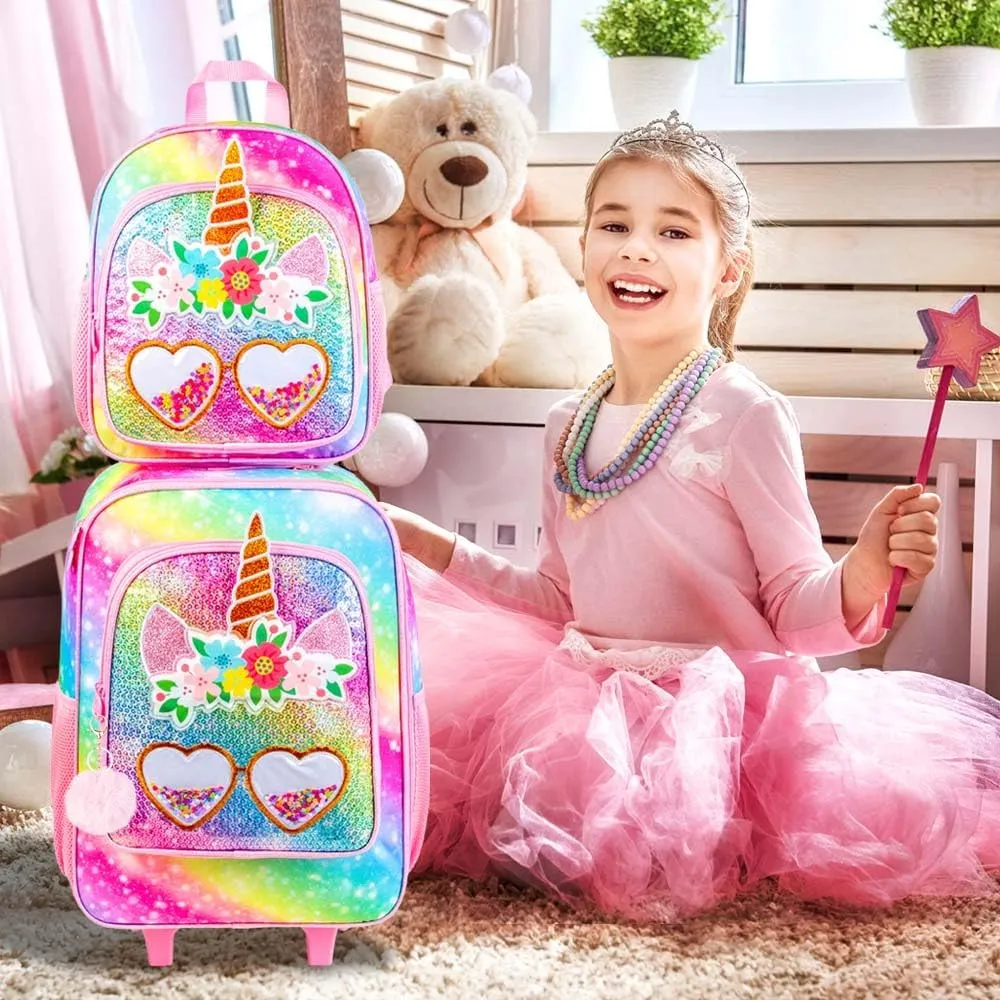 2Pcs Girls Suitcase Set, Kids Carry on Rolling Luggage with Wheels, Unicorn Sequin Travel Suitcases with Toddler Backpack(Pink)
