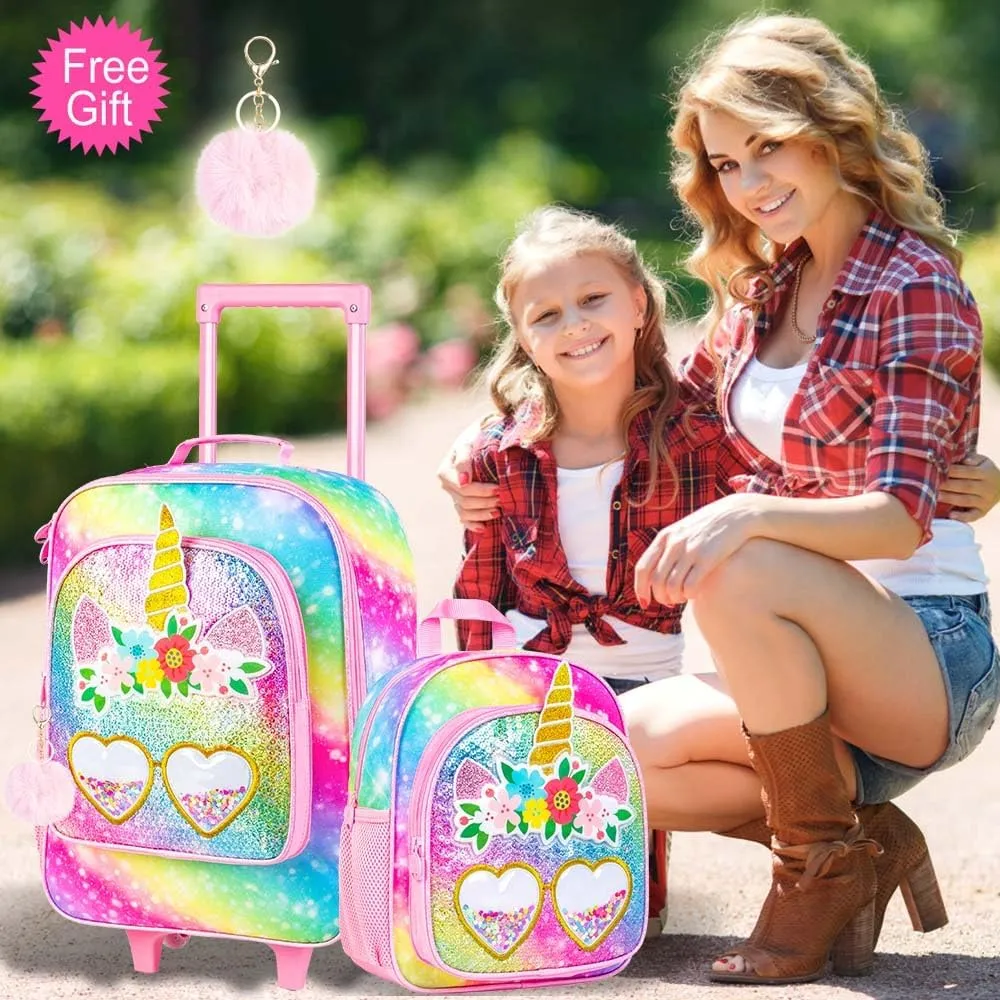 2Pcs Girls Suitcase Set, Kids Carry on Rolling Luggage with Wheels, Unicorn Sequin Travel Suitcases with Toddler Backpack(Pink)