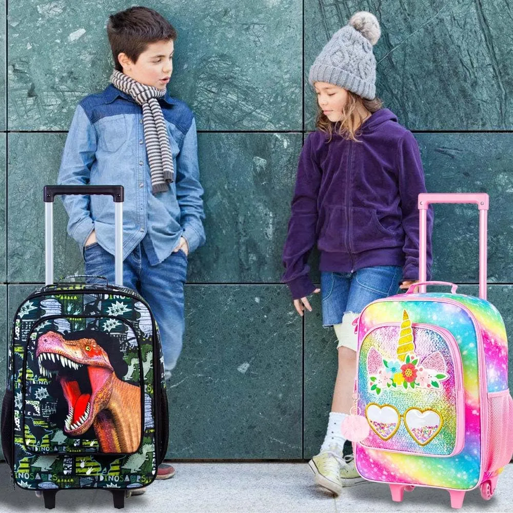 2Pcs Girls Suitcase Set, Kids Carry on Rolling Luggage with Wheels, Unicorn Sequin Travel Suitcases with Toddler Backpack(Pink)