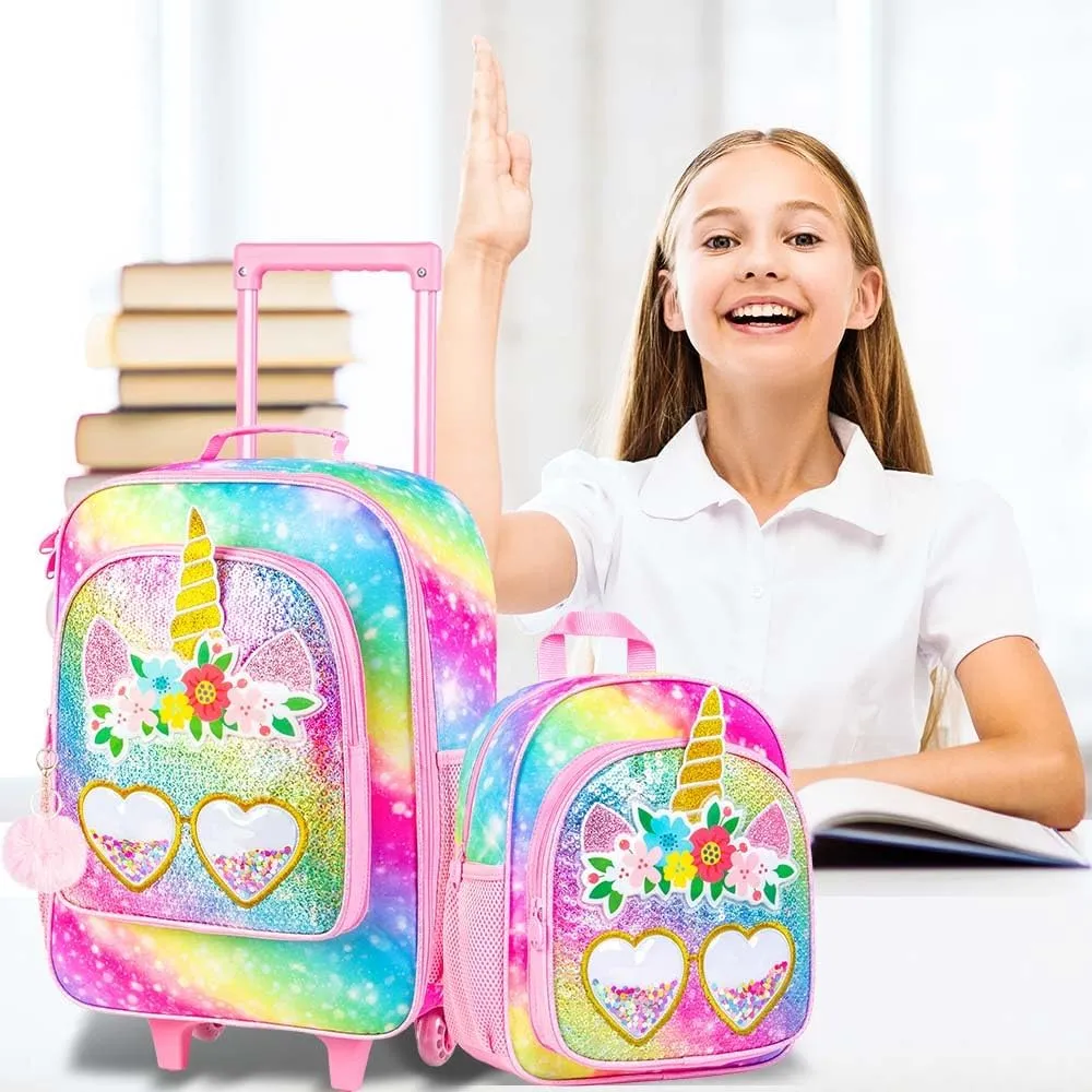 2Pcs Girls Suitcase Set, Kids Carry on Rolling Luggage with Wheels, Unicorn Sequin Travel Suitcases with Toddler Backpack(Pink)