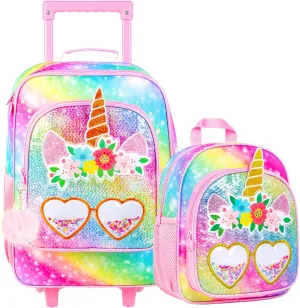 2Pcs Girls Suitcase Set, Kids Carry on Rolling Luggage with Wheels, Unicorn Sequin Travel Suitcases with Toddler Backpack(Pink)