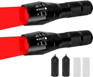 2pcs Redlight LED Flashlight - Single Mode, Long Range, Zoomable, Waterproof Torch - Ideal for Astronomy, Aviation, Night Observation, and More