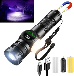 3 in 1 Rechargeable Flashlight True 5000 Lumens Outdoor Strong Cob Light, 5000mAh Zoomable Beam LED Flash Light with Magnet Power Failure Emergency Survival Kits Snowstorm (UV)