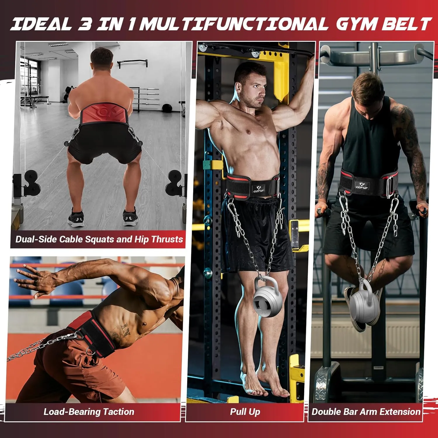 3-in-1 Weighted Pull Up Belt for Men, Weight Lifting Dip Belt with 40.6 IN Chain & Self Locking, Weighted Gym Belt for Pull Up, Squat, Powerlifting & Deadlift, Capacity Up to 350 LBS