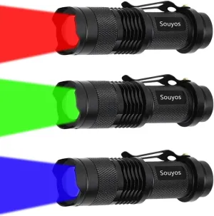 3 Pcs Red Green Blue Light LED Flashlight,7W Zoomable Red Green Hunting Light Blue Flashlight,3 Modes Tactical Torch Light for Fishing,Tracking Blood,Detect,Night Vision,Coral