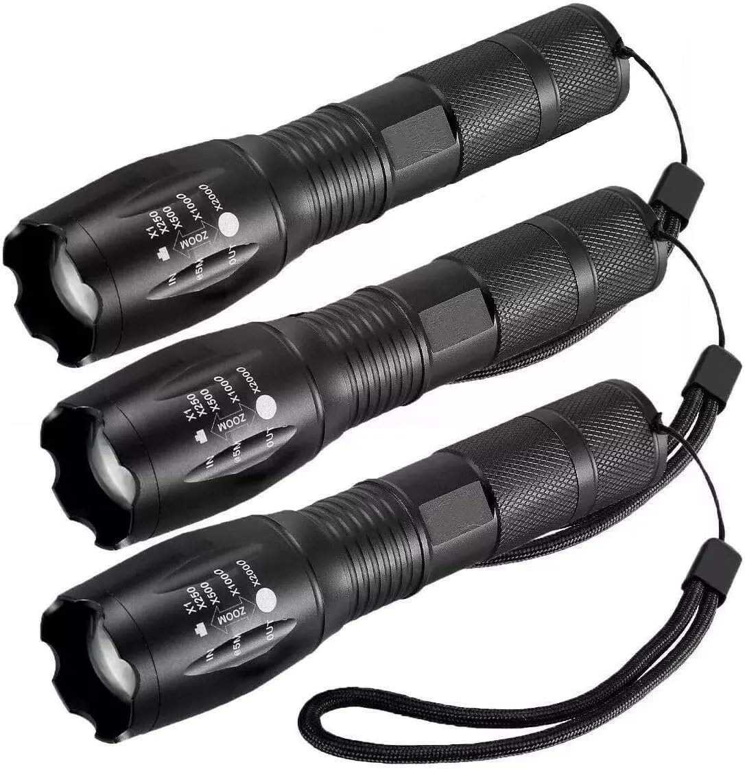 3 x Flashlight High Powered 5Modes Zoomable Aluminum, Black