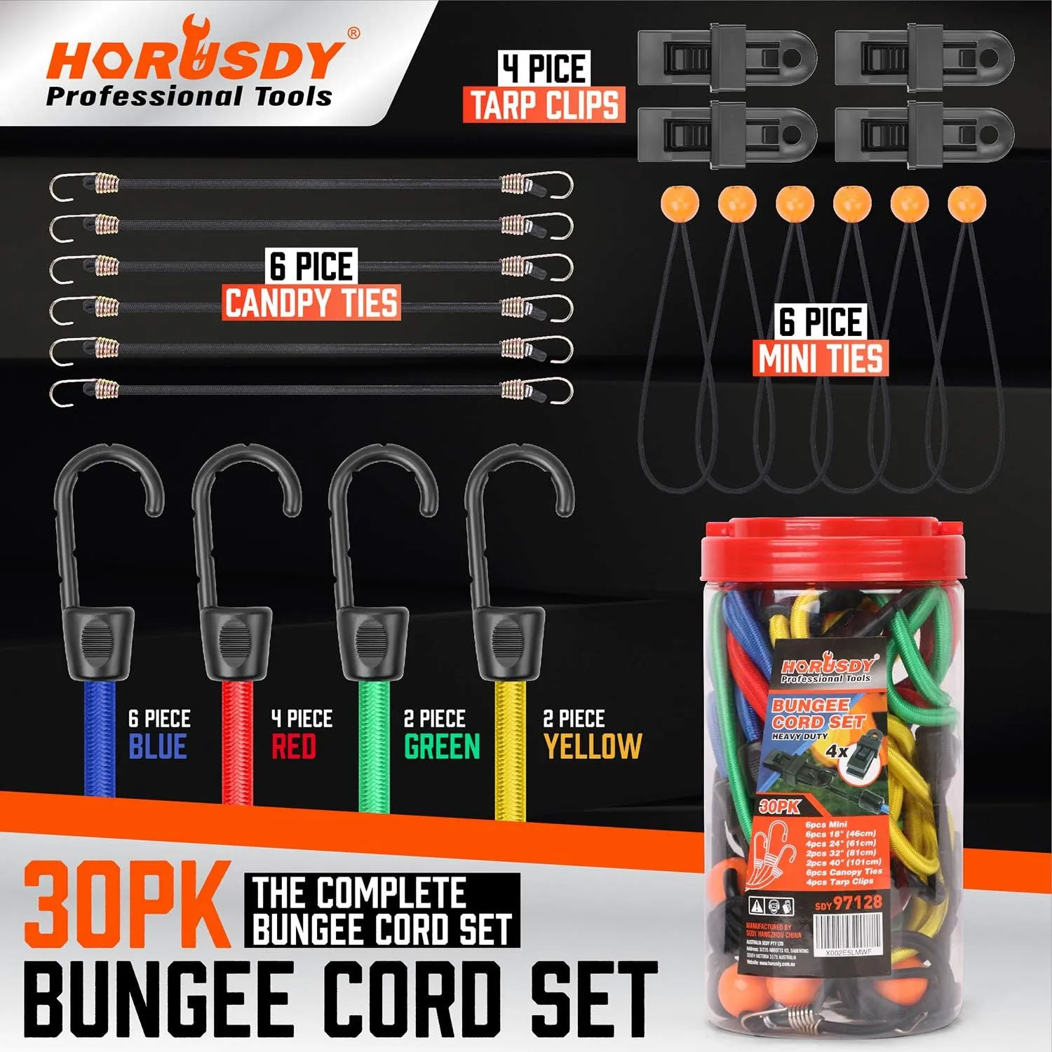 30-Piece Bungee Cords Awning Tarp Clip Tie Down Set 10'/18'/24'/32'/40'