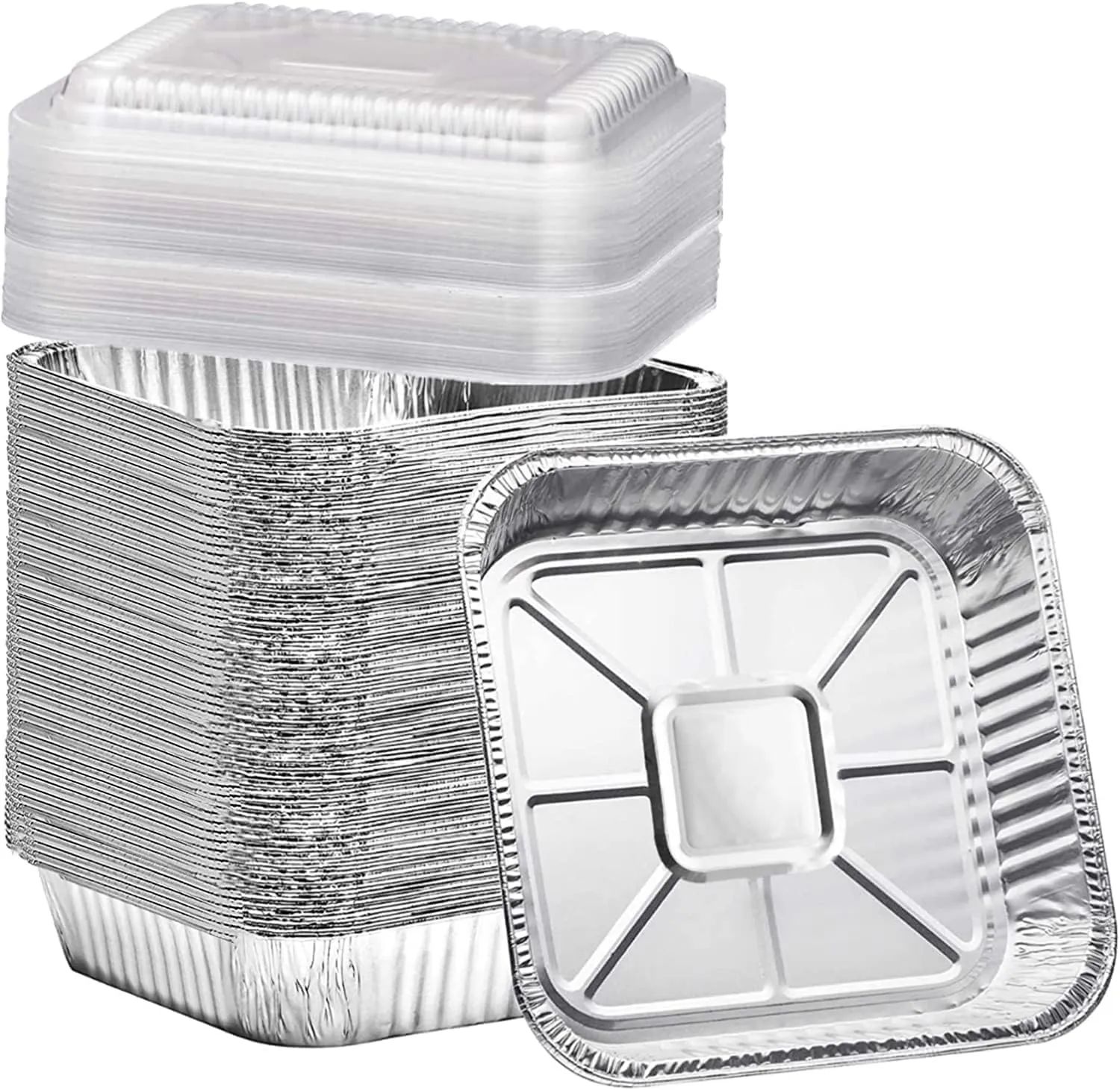 (35 Pack) 8x8 Square Aluminum Baking Cake Pans with Clear Plastic Lids - Foil Pans with Lids - Disposable Food Containers Great for Cooking, Heating, Storing, Prepping Food