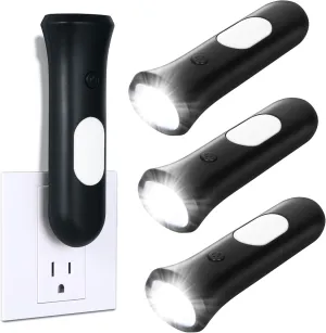 4 in 1 Emergency Power Failure Lights for Home, 3 Pcs Rechargeable LED Flashlight, Automatic Turn-On Power Outage Light Plug in Wall for Snow Storm Weatheready, Black