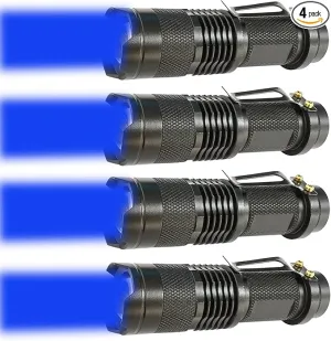 4 Pack One Mode Blue Light Flashlight with Clip Zoomable Blue LED Flashlight Blue Flashlight for Hunting Fishing