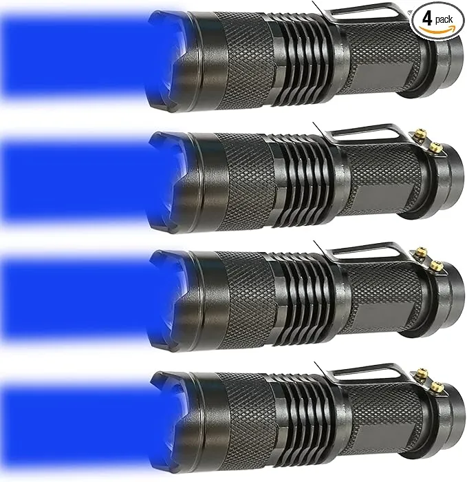 4 Pack One Mode Blue Light Flashlight with Clip Zoomable Blue LED Flashlight Blue Flashlight for Hunting Fishing