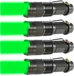 4 Pack One Mode Green Light Flashlight with Clip Zoomable Green LED Flashlight Green Flashlight for Hunting Fishing Night Observation