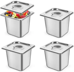 4 Pack Stainless Steel Hotel Pans with Lids, 10.8 Quarts, Silver, Brushed Finish, Commercial Food Pans, 7 x 6.5 x 6 Inches, Stackable, Dishwasher Safe