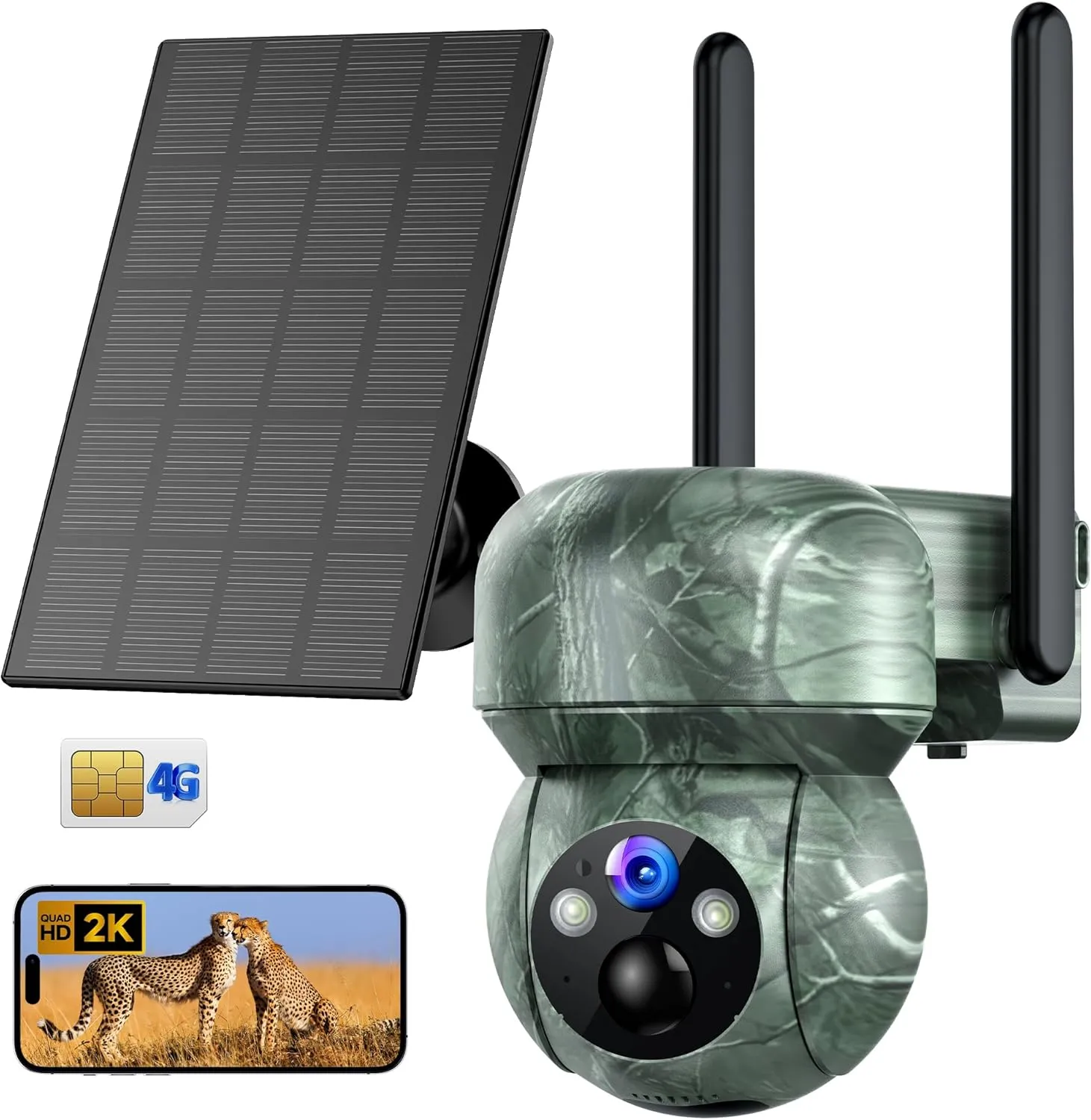 4G LTE Cellular Trail Camera Solar: 2K Game Cameras Built-in SIM Card Hunting Cameras Wireless Outdoor Battery with PTZ 360° Live View & Playback Color Night Vision Motion Activated IP66 for Wildlife